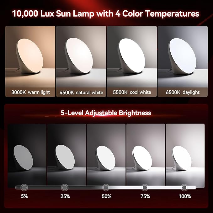 670nm Red Light Therapy Sleep Device &amp 10000 Lux Sun Lamp – Dual Function Sleep Aid and Sunlight Lamp Red Night Light Lamp to Support Deep Relaxation and Improve Sleeping for Adult &amp Kid Bed