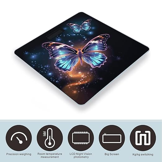 Butterfly and Stars Bathroom Scale for Body Weight Bathroom Weighing Scale with Backlit LCD Display Highly Accurate Measures Weight Up to 180kg