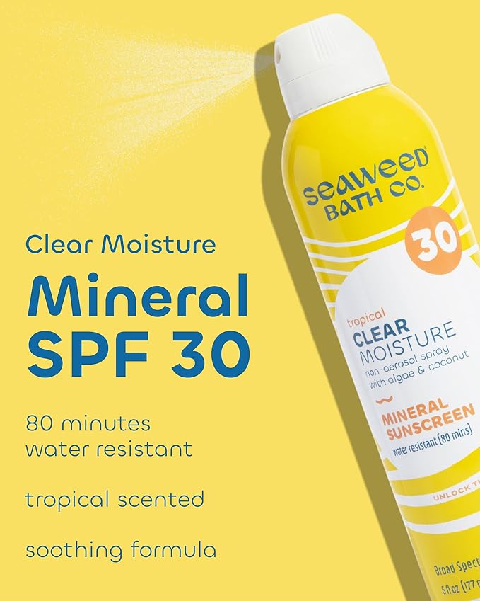 Seaweed Bath Co. Clear Moisture Mineral SPF 30 Broad Spectrum Sunscreen Spray - With Nourishing Algae Coconut &amp Hyaluronic Acid - Tropical Scented - 6 oz (Pack of 2