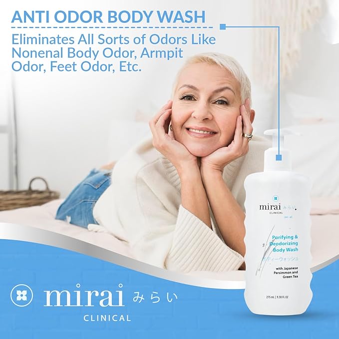 Mirai Clinical Body Odor Eliminator Bundle: Renewing Body Wash &amp Persimmon Soap Bar Set - Natural Deodorizing with Persimmon &amp Green Tea Extracts - Nonenal Elimination for Women &amp Men - 9.