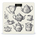 Hand Drawn Teapots and Cups Scale for Body Weight Anti-Slip Tempered Glass Digital Bathroom Scales Clear LCD Display Weighing Scale Safe Rounded Corners Smart Scales