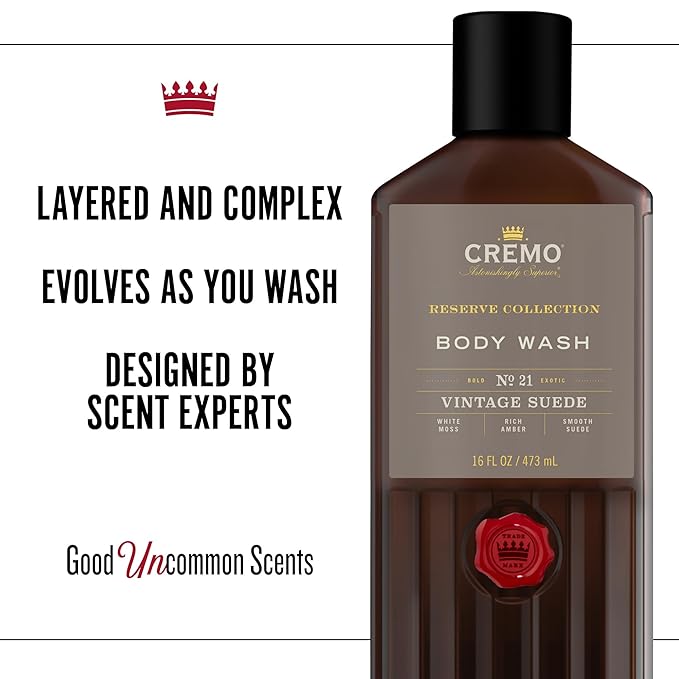Cremo Men's Body Wash Bundle with 16 Fl Oz Blue Cedar &amp Cypress and 16 Fl Oz Vintage Suede Scents