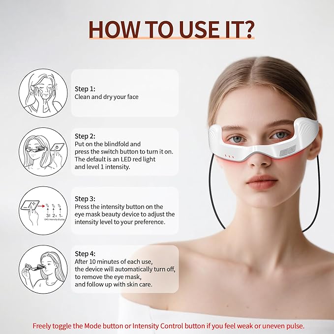 Under Eye Red Light Therapy Device 650nm Red Light Therapy Eye Massager for Relieve Eye Bags Eye Fatigue Dark Circles with Glasses Strap Light-Weight Hands-Free Use (White)