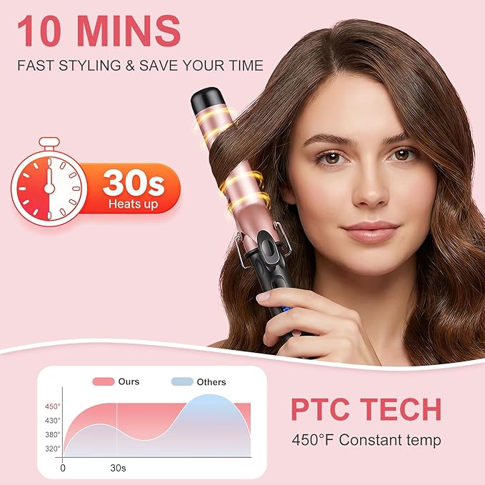 Curling Iron 1 1/2 Inch Large Barrel Professional 1.5 Inch Curling Wand for Long Hair Ceramic Hair Curler with LCD Display Dual Voltage Travel Styler 30s Heat Up &amp Auto Shut Off