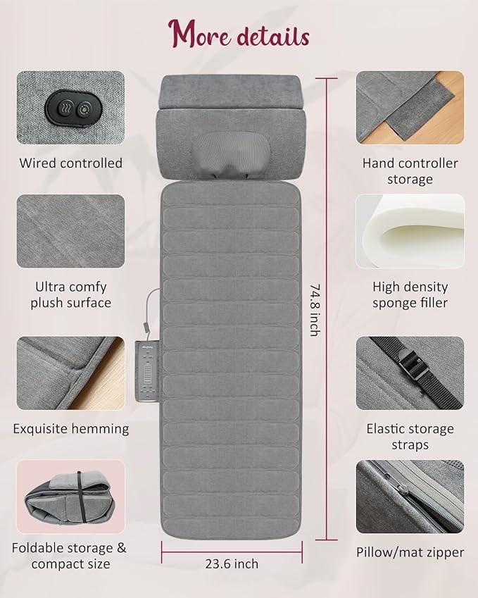 Full Body Massage Mat with Heat Detachable Neck Massager Massage Pad with 10 Vibrating Motors Home Office Use Gift for Men Women Parents Christmas
