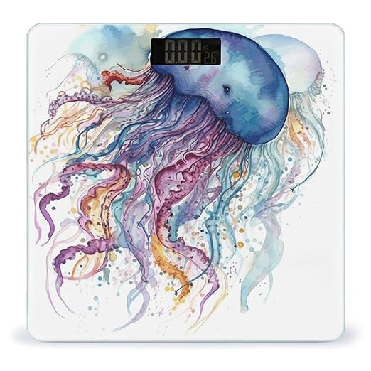 Watercolor Jellyfish Bathroom Scale Automatic Power On/Off Body Scales LCD Backlight Display Square Digital Scale Rounded Corners Bathroom Scales for Home Bedrooms