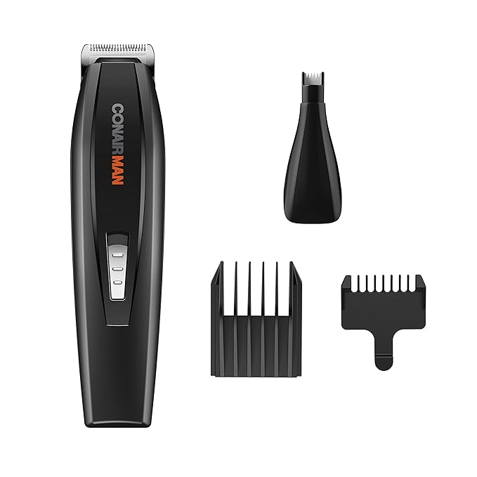 ConairMAN All-in-One Beard Trimmer for Men Includes Nose and Ear Hair Trimmer with 5-Position Comb Attachment 4 piece Men's Grooming Kit Battery Operated