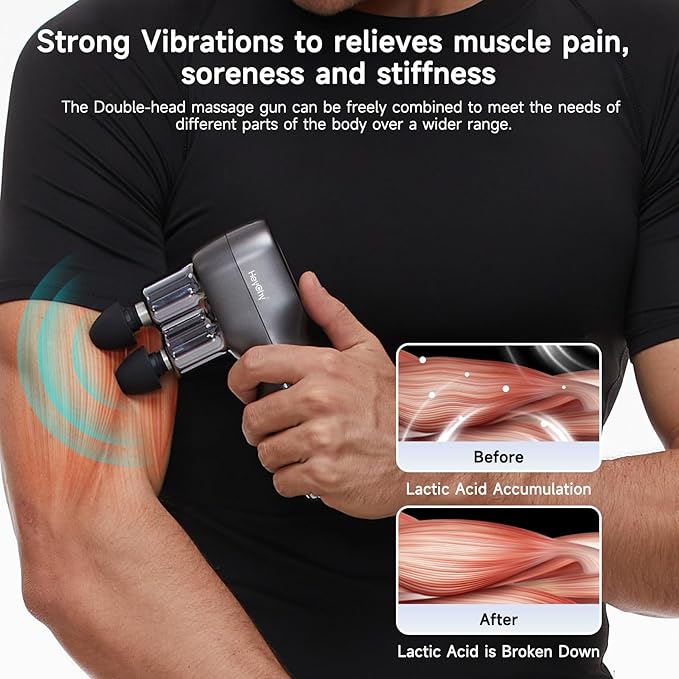 Mini Massage Gun - Deep Tissue Percussion Massager with Dual Heads 5 Speed Levels &amp 4 Attachments Portable Handheld Muscle Recovery Gun for Athletes Travel &amp Pain Relief