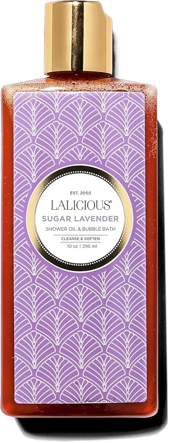 LaLicious Sugar Lavender Shower Oil &amp Bubble Bath - Natural Shower Cleanser with Topical Probiotics &amp Grapeseed Oil - Bath Soap Product for Shower Bath &amp Shaving No Parabens (10oz)