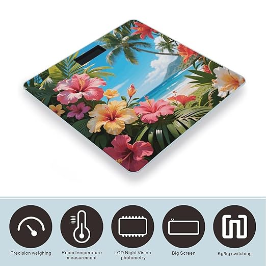Hawaii Floral Tropic Weight Scale Cute Bathroom Scale for Body Highly Accurate Digital Weighing Machine for People Compact LCD Display Scales with Sturdy Toughened Glass Scales