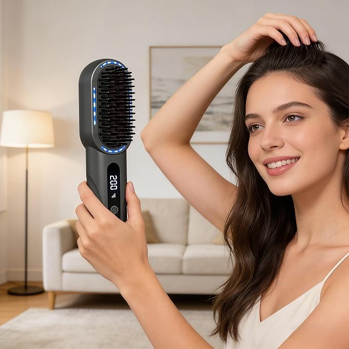 Hair Straightener Brush Portable Cordless Hair Styling Comb with LED Display for Home and Travel (02)