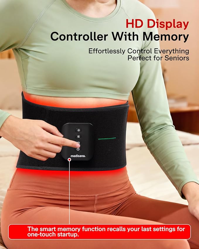Medisana 3-in-1 Red Light Therapy Belt Cordless &amp Portable Infrared Red Light Therapy for Body with Red Light/Pulse/Heat/Vibration - 660nm/850nm for Back Pain Relief (Regular)