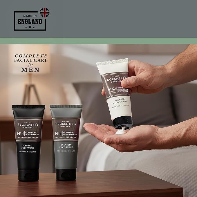 Pecksniff’s Men’s Trio Face Collection – Bourbon &amp Mandarin – Face Wash Face Scrub &amp Shave Balm Gift Set 3 x 75ml