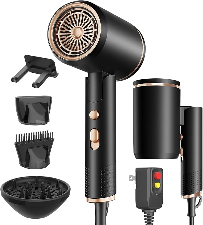 Foldable Portable Ionic Hair Dryer 1600W - Compact Mini Blow Dryer with Diffuser Concentrator &amp Comb Nozzle Intelligent Temperature Control Low Noise for Home Salon &amp Travel (Black)
