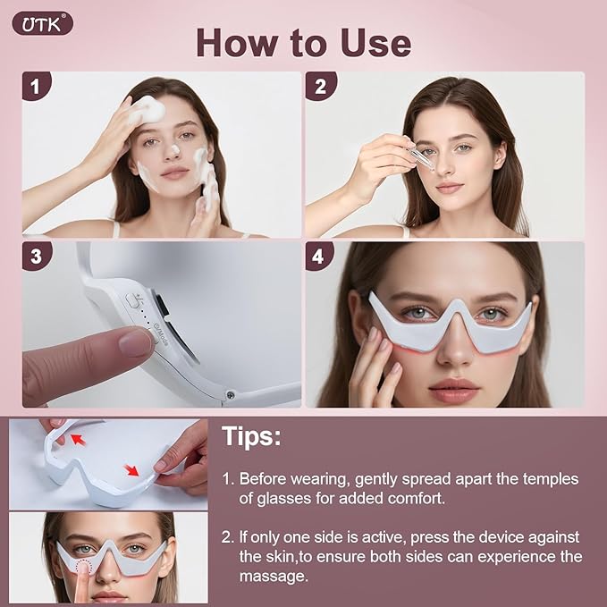 UTK Under-Eye Red Light Therapy Glasses for WomenEye Massager for Dark Circles Eye Bags Puffiness Wrinkles Fine Lines39g Ultra Lightweight RechargeableGift for Women Mom Girlfriend