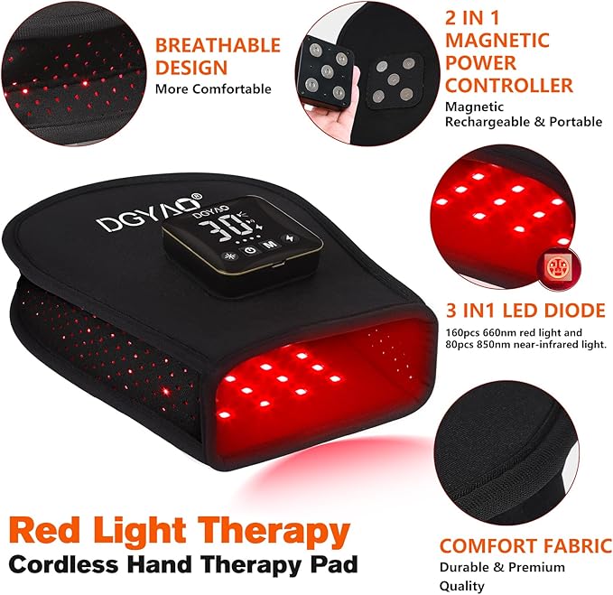 TUOB Red Light Therapy for Hand Cordless Infrared Light Therapy Device with Power Bank Led Light Therapy Double Side Pad Glove Deep Penetrate Joint Benefit for Hand Wrist Fingers Pain Relief