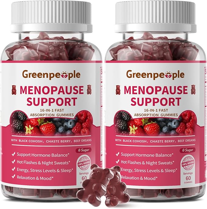GREENPEOPLE Menopause Supplements for Women Gummies - 16-in-1 Dual Action Menopause Relief W/Black Cohosh Vitex Beef Organs for Hormone Balance Hot Flashes Night Sweats &amp Mood 60 CT (2 Packs)