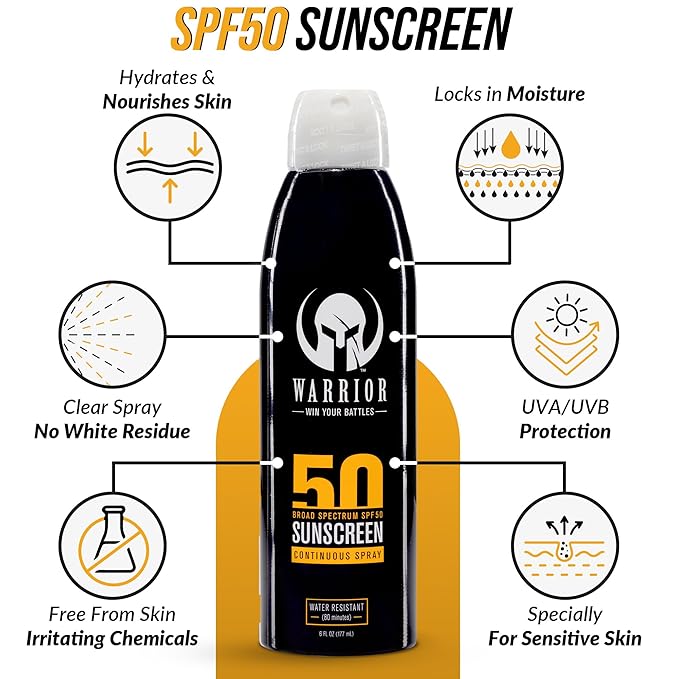 WARRIOR - WIN YOUR BATTLES - SPF 50 Sunscreen Lotion - 80 Minutes Water Resistant | SPF 50 Continuous Spray - Broad Spectrum Protection for UVA/UVB - Quick Dry Effective Formula | 3 Oz &amp 6 Oz
