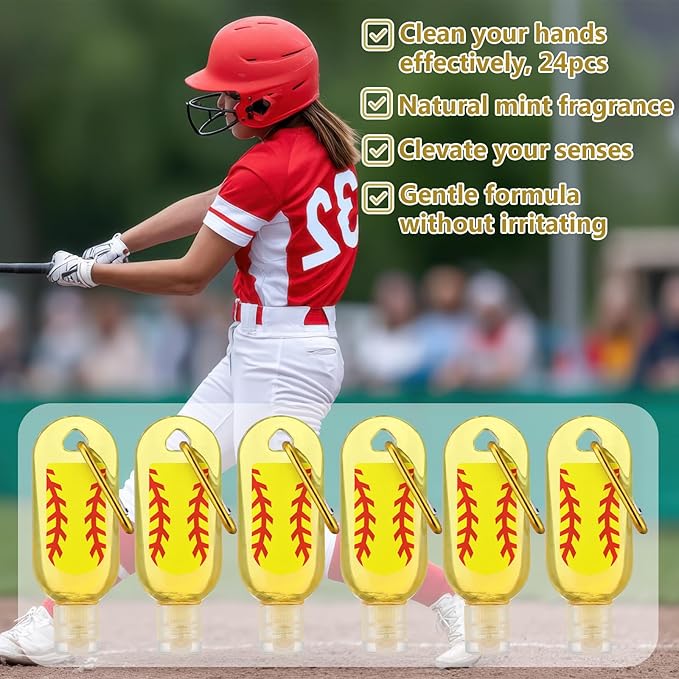 Kigeli 24 Pack Hand Sanitizers Keychain Bulk Gift Mini Travel Size Hand Sanitizer Gel Keychain Bulk Sports Team Gift Birthday Party Favors(Softball)