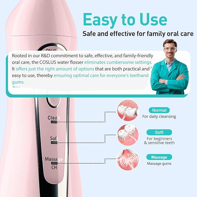 COSLUS Water Dental Flosser Teeth Pick C20(F5020E): Portable Cordless Oral Irrigator 300ML Rechargeable Travel Irrigation Cleaner IPX7 Waterproof Electric Flossing Machine for Teeth Cleaning Pink
