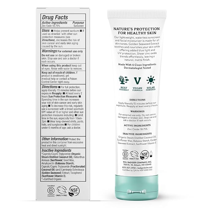 Badger Zinc Oxide Face Sunscreen SPF 30 Lightweight Mineral Sunscreen for Face Matte Finish No White Cast Vegan Water Resistant Unscented Mineral Sunblock Facial Lotion 1.7 fl oz 2-Pack