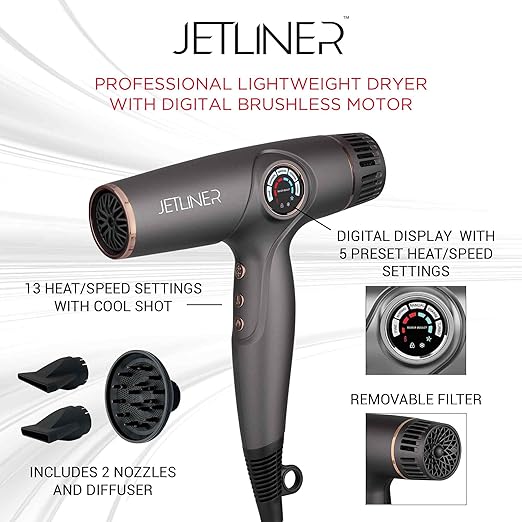 StyleCraft Professional Hair Dryer – Instinct-X with Brushless Motor &amp Digital Display Sage Lightweight Blow Dryer JetLiner x Silver Bullet with Digital Motor – Includes Nozzles &amp Diffuser