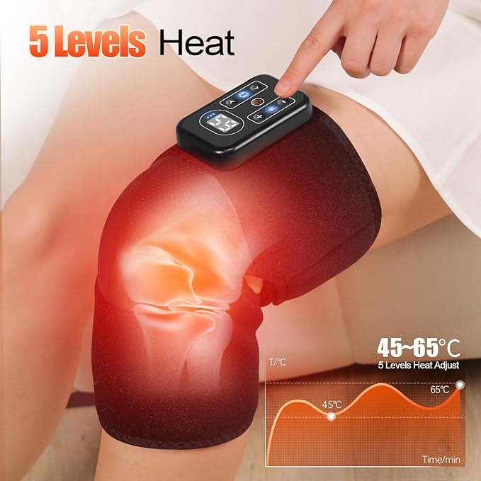 Cordless Knee Massager with Heat Vibration Heating Pad for Pain Relief 3 Vibrations &amp 5 Heating Levels Shoulder Brace Knee Brace Wrap Gifts for Dad Mom Men Women Seniors (Black Single)