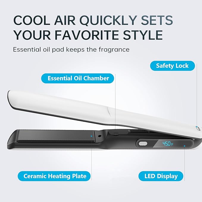 2 in 1 Professional Hair Straightener &amp Curler Titanium Plates with Cool Air Fan 3 Temp Settings (355℉-450℉) Negative Ion for Curly/Thick Hair Essential Oil Diffuser Clips &amp Aromatherapy