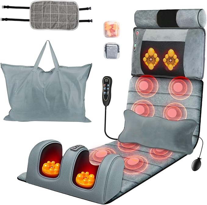 KOCASO Full Body Electric Massage Mat Heating Vibration with Neck Foot Massage Head Pillow and Cloth Lumbar Pillow Timer Anti-Slip Bottom Earplugs - for Relaxation &amp Stress Relief(Advanced)