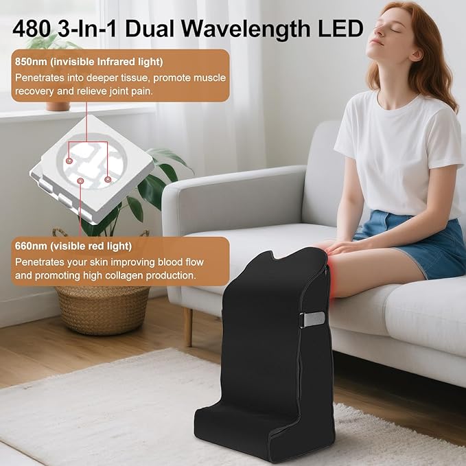 Red Light Infrared Therapy Device Feet Legs Knees Ankle Large 480 Dual Wavelength LED 5 Modes 15.8 x 11.4 x 25 Heated Foot Wrap Adjustable Power Timer Pain Relief Health Care Treatment