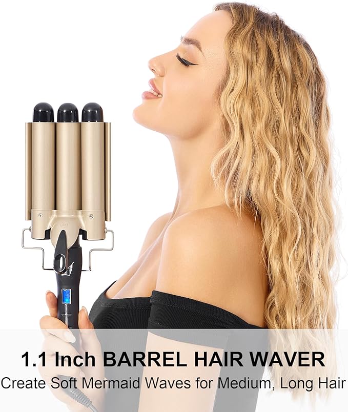 Three Barrel Curling Iron 1.1 Inch for Soft Mermaid Waves AIMERVO Hair Crimper 15 Adjustable Heat Settings with LCD Temperature Display Tourmaline Ceramic Deep Waver Includes Heat Resistant Glove
