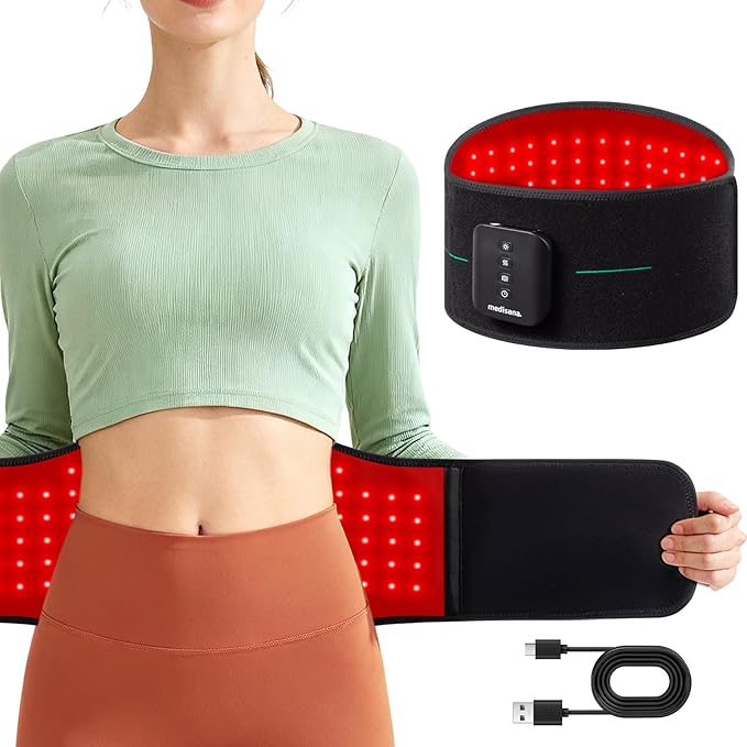 Medisana 3-in-1 Red Light Therapy Belt Cordless &amp Portable Infrared Red Light Therapy for Body with Red Light/Pulse/Heat/Vibration - 660nm/850nm for Back Pain Relief (Regular)