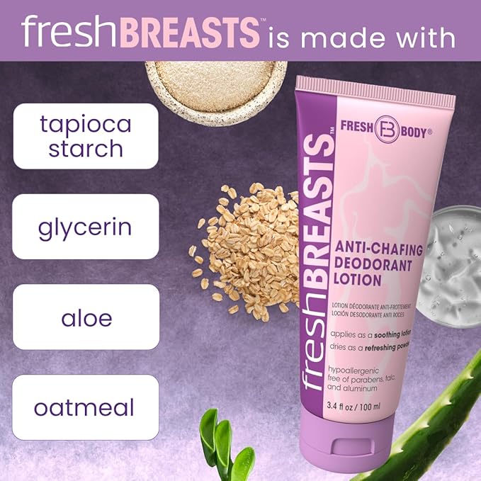 Fresh BREASTS Anti Chafing Deodorant Lotion to Powder 3.4oz (2 Pack) - Anti Chafe Cream Whole Body Deodorant for Women Inner Thighs &amp Areas that Sweat No Talc Aluminum or Added Fragrance