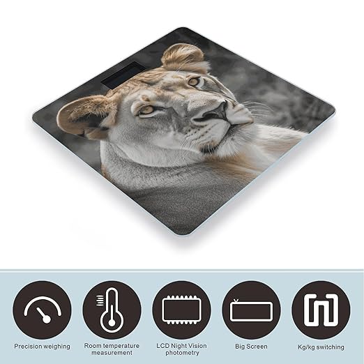Lioness with Blue Green Eyes Scale for Body Weight Anti-Slip Tempered Glass Digital Bathroom Scales Clear LCD Display Weighing Scale Safe Rounded Corners Smart Scales