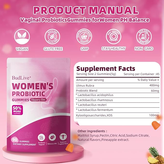 2pack Vaginal Probiotics Gummies for Women Feminine Balance pH Gummies for Healthy Odor Yeast Balance &amp Flora + Vitamin C for Immune Support -Pineapple (90Ct/ Pack)