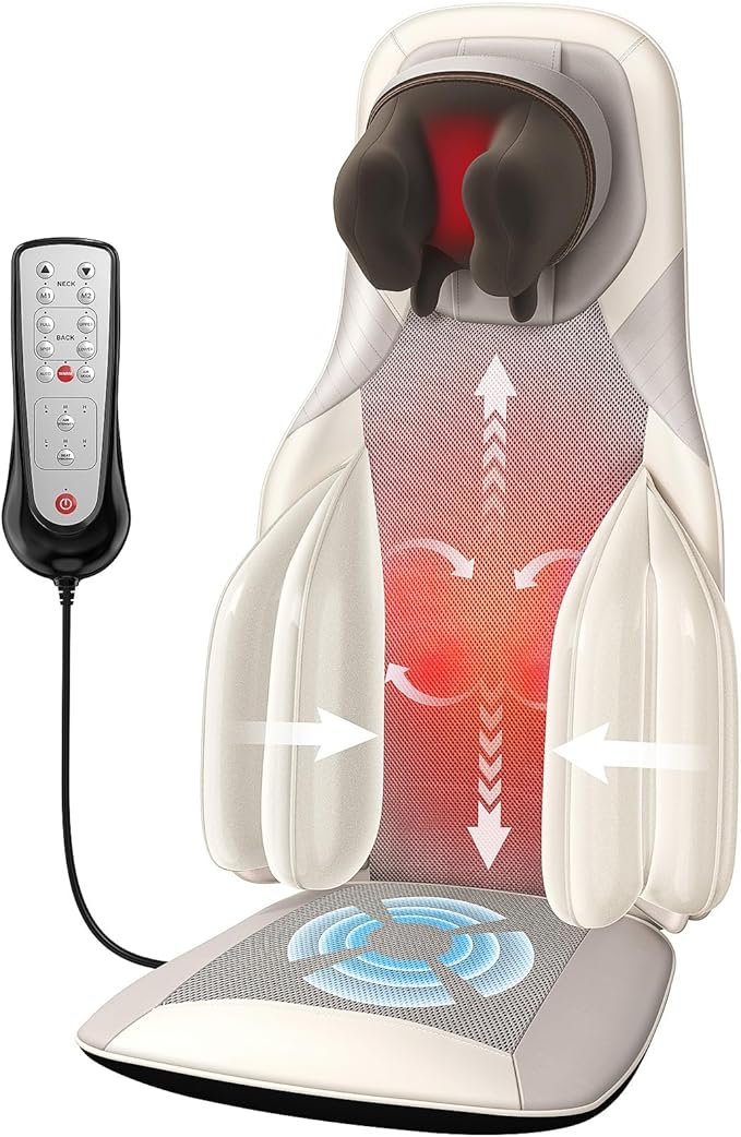 Elite Shiatsu Back &amp Neck Massage Chair Pad/Seat Cushion with Heat – 4D Kneading Vibration Compression Motorized Neck Height Lumbar Airbag Massage Premium Upholstery Deep Tissue Office Gra