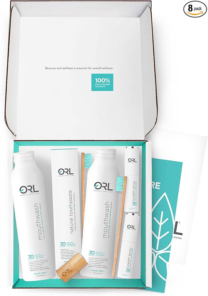 ORL Natural 60-Day Oral Care Kit Includes 1 Toothpaste 2 Mouthwashes 2 Breath Sprays 2 Toothbrushes 1 Floss. Eco-Friendly Fluoride-Free Vegan Gluten-Free and Non-Toxic. Fresh Mint