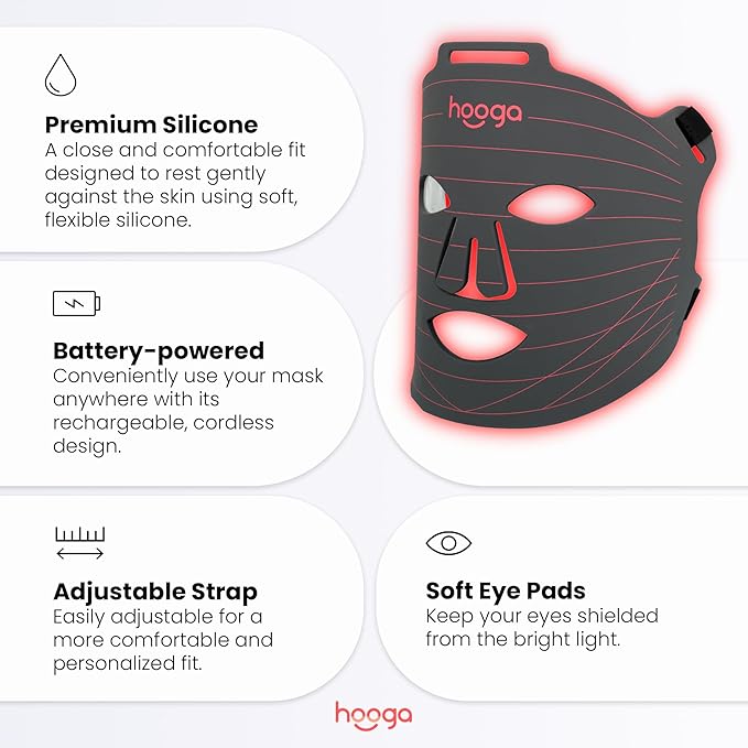Hooga Red Light Therapy Mask – LED Face Mask 630nm 660nm Red &amp 850nm Near Infrared Light Therapy Tri Chip LEDs Rechargeable Adjustable Comfortable Face Mask