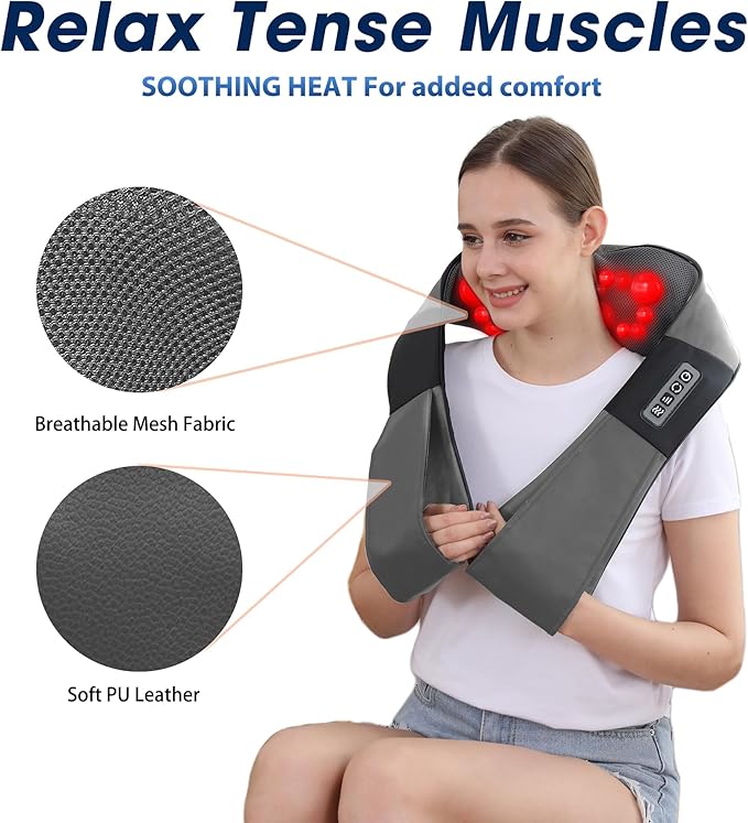 Grey Shiatsu Neck and Back Massager with Heat Electric Deep Tissue Kneading Neck and Shoulder Massage Best Gifts for Women Men Mom Dad Mothers Fathers Day Birthday Gift (NOT Cordless)