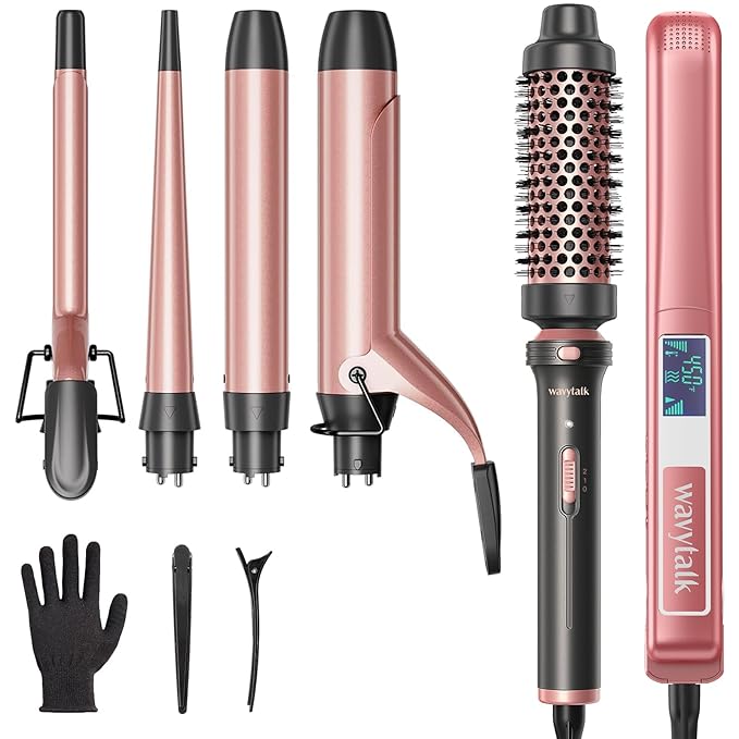 Wavytalk Salon Flat Iron Hair Straightener Negative Ion Flat Iron with Titanium Plates 5 in 1 Curling Iron Set with Curling Brush and 4 Interchangeable Ceramic Curling Wand (0.35-1.25”)
