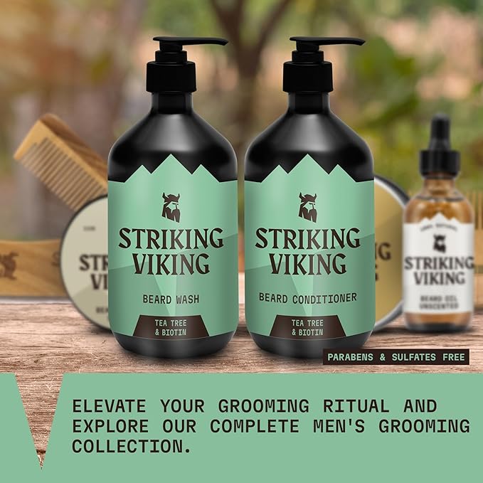 Striking Viking Beard Wash and Conditioner (Tea Tree &amp Biotin) - Paraben &amp Sulfate Free Cleansing Care for All Beard Types (10oz Per Bottle)