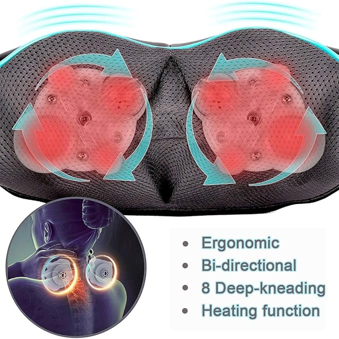 Shiatsu Neck Massager Deep Tissue Heat Therapy for Back Shoulder Neck Pain Relief 3D Kneading Massage Pillow Back and Neck Massager for Whole Body Muscles Use for Home Office and Car