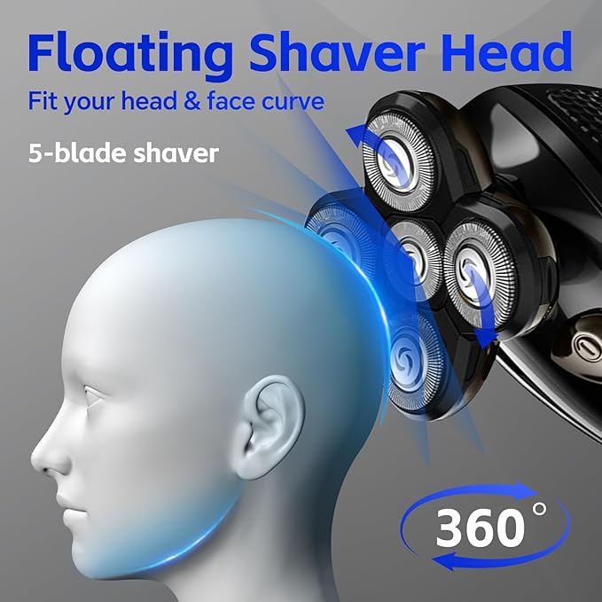 Bald Head ShaverElectric Head Shavers for Bald Men 5-in-1 Head and Face Grooming Kit Waterproof Cordless Rotary Razor and USB RechargeableGifts for Men