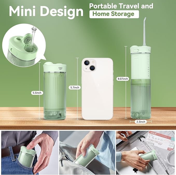 JTF Portable Water Flosser for Travel: Compact Mini Design 3 Modes &amp 8 DIY Pressure Levels for Sensitive Teeth &amp Braces - with 5 Nozzles &amp Removable 230ml Tank Cordless Oral Irrigator fo