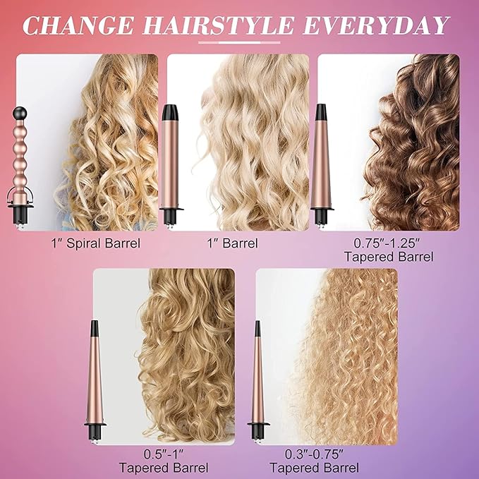 USTAR 5 in 1 Curling Wand for Long Hair Interchangeable Ceramic Barrels 0.35-1.25 Inch Dual Voltage Travel Curling Iron with Heat Resistant Glove 2 Clips Hair Curler for Women Girls Gift
