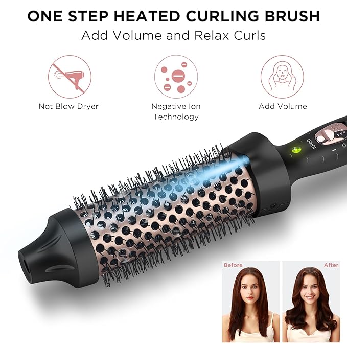 Aima Beauty Hot Brush 1.3/35mm Heated Curling Brush Ion Hair Care Thermal Round Brush Makes Hair Smoother &amp Softer Create Voluminous Curls Effortlessly Dual Voltage 60Mins Auto-Off Black