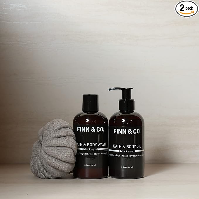 FINN &amp CO. Black Sand Body Wash and Body Oil Bundle - Moisturizing Skincare Set with Beach Inspired Scent - Lightweight Paraben &amp Cruelty Free - Gentle Nourishing Formula for Men &amp Women
