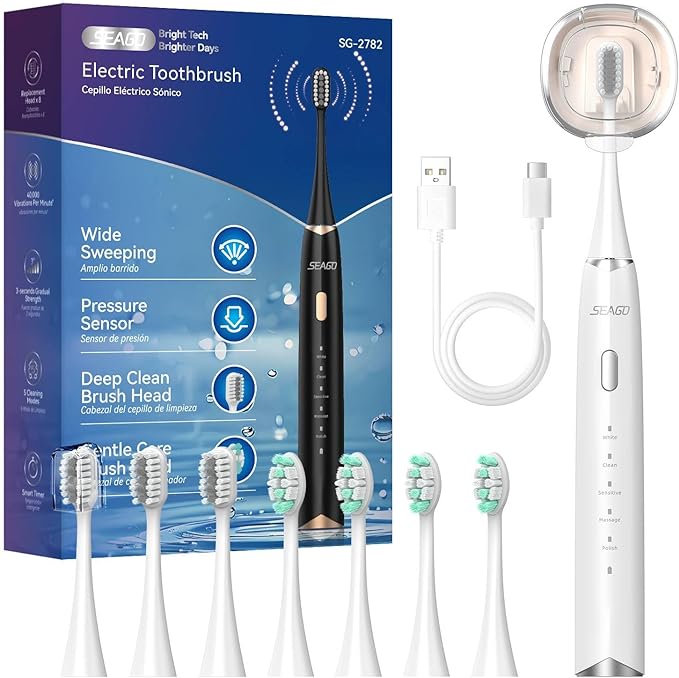 SEAGO Electric Toothbrush for Adults with Pressure Sensor Sonic Toothbrushes Holder Wall Mounted 30 Days Battery Life 5 Cleaning Modes 8 Replacement Heads Timer &amp IPX7 Waterproof(White Middl