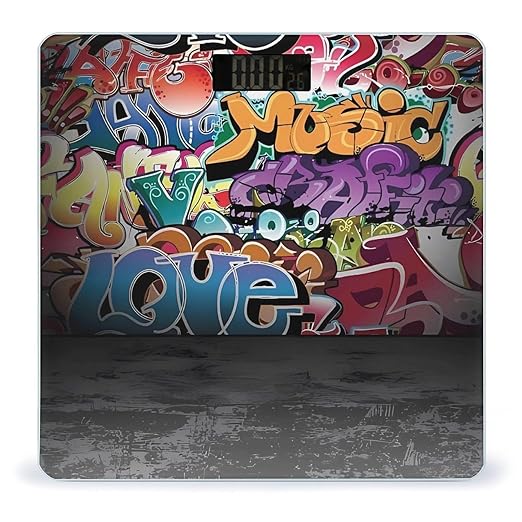Graffiti Hip Hop Bathroom Scale Automatic Power On/Off Body Scales LCD Backlight Display Square Digital Scale Rounded Corners Bathroom Scales for Home Bedrooms