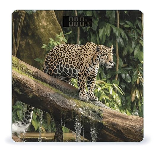 Jaguar Cat on Tree Trunk WaterfallScale for Body Weight with LCD High Precision Weighing Scales Fashion Sturdy Tempered Glass Weight Scales Easy-to-Read Digital Bathroom Scale for Daily 400lb
